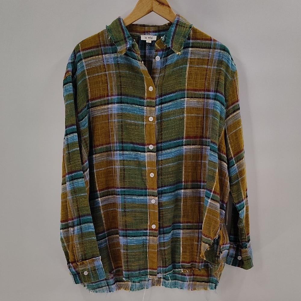 La Miel plaid Button-down shirt Raw Hemline NWT Size Large